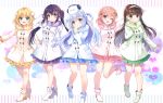  5girls :&lt; :d :o ;d angora_rabbit animal animal_on_head ankle_boots aqua_eyes arm_behind_back arm_up bangs bare_legs blonde_hair blue_coat blue_footwear blue_hair blue_skirt blunt_bangs blush boots breasts brown_hair chocho_(homelessfox) closed_mouth coat eyebrows_visible_through_hair full_body fur_collar gochuumon_wa_usagi_desu_ka? green_coat green_eyes green_skirt hair_bobbles hair_ornament hairband hairclip hand_in_hair head_tilt headphones high_heel_boots high_heels hoto_cocoa kafuu_chino kirima_sharo leg_up long_hair long_sleeves looking_at_viewer medium_breasts miniskirt multicolored multicolored_background multiple_girls on_head one_eye_closed open_mouth orange_hair outstretched_arm parted_lips pink_coat pink_skirt purple_hair purple_skirt rabbit skirt smile sparkle standing standing_on_one_leg straight_hair tareme tedeza_rize tippy_(gochiusa) twintails two_side_up ujimatsu_chiya violet_eyes white_coat white_footwear white_hairband winter_clothes winter_coat x_hair_ornament yellow_coat yellow_skirt 