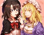  2girls bangs black_capelet black_eyes blonde_hair bow brown_hair capelet chocolate chocolate_heart dated dress eyebrows_visible_through_hair feeding hat heart holding_chocolate kuya_(hey36253625) long_hair long_sleeves looking_at_another looking_at_viewer maribel_hearn mob_cap multiple_girls open_mouth parted_bangs parted_lips pink_background purple_dress red_bow red_neckwear shirt short_hair simple_background touhou upper_body usami_renko valentine white_shirt yellow_eyes 