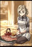  apron artist_name black_neckwear blouse breasts commentary_request fish food glasses green_eyes grey_blouse highres indoors kantai_collection katori_(kantai_collection) kneeling large_breasts light_brown_hair light_smile pantyhose seitei_(04seitei) traditional_media 