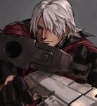 1boy black_gloves blue_eyes closed_mouth dante_(devil_may_cry) devil_may_cry dual_wielding gloves gradient gradient_background grey_background grey_hair gun hair_over_one_eye handgun holding holding_gun holding_weapon male_focus nama29_m pistol pointing_weapon short_hair silver_hair solo upper_body weapon 
