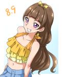  1girl amanogawa_kirara bangs blue_pants blunt_bangs bow brown_hair chocokin collarbone dated earrings eyebrows_visible_through_hair go!_princess_precure grin hair_bow halterneck hand_on_hip high_ponytail jewelry long_hair midriff navel pants precure shiny shiny_hair sleeveless smile solo standing star star_earrings stomach very_long_hair violet_eyes yellow_bow 