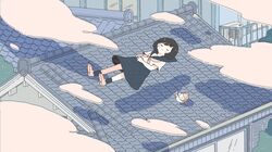  1girl absurdres ascot bangs black_hair black_legwear black_sailor_collar black_skirt blush cat closed_eyes clouds floating highres lying medium_hair noeru_(noellemonade) original outdoors red_neckwear rooftop sailor_collar shadow shirt shoes skirt sleeping tree white_shirt window 