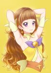  1girl amanogawa_kirara arm_strap armpits bangs blunt_bangs bow breasts brown_hair chocokin choker collarbone cropped_torso cure_twinkle earrings eyebrows_visible_through_hair go!_princess_precure highres jewelry long_hair looking_at_viewer midriff precure sideboob simple_background sleeves small_breasts smile solo star star_earrings stomach striped very_long_hair violet_eyes yellow_background yellow_bow 