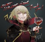  1girl blonde_hair blood blood_on_face cape cup flower fuzi1122 glass gradient gradient_background hair_between_eyes highres holding holding_cup original parted_lips pink_eyes pointy_ears rose sharp_teeth short_hair signature smile solo teeth turtleneck upper_body vampire 