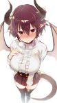  1girl absurdres black_legwear blush breasts dragon_girl dragon_horns dragon_tail eyebrows_visible_through_hair granblue_fantasy grea_(shingeki_no_bahamut) greatmosu hair_between_eyes hands_on_own_chest highres horns large_breasts long_sleeves looking_at_viewer manaria_friends pointy_ears purple_hair red_eyes shingeki_no_bahamut shirt short_hair simple_background sketch skirt tail thigh-highs visible_air white_shirt 