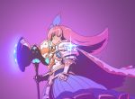  1girl armor blue_bow blue_skirt bow cape clenched_hand feconf gauntlets green_eyes hair_bow hammer holding holding_hammer long_hair palffy_(sennen_sensou_aigis) pink_hair profile purple_background sennen_sensou_aigis simple_background skirt solo sparkle standing war_hammer weapon white_cape 