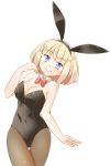  1girl alice_margatroid alternate_costume animal_ears arnest bangs bare_arms bare_shoulders black_hairband blonde_hair blue_eyes blush bow bowtie breasts brown_legwear bunnysuit cleavage commentary_request covered_navel cowboy_shot detached_collar eyebrows_visible_through_hair fake_animal_ears hairband hand_up large_breasts looking_at_viewer pantyhose rabbit_ears red_bow red_neckwear short_hair simple_background smile solo standing thighs touhou white_background wing_collar 