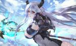  1girl armor bodysuit breasts claws clouds covered_navel electricity epic7 forehead_jewel gauntlets highres horns large_breasts long_hair looking_at_viewer luna_(epic7) mountain outstretched_hand polearm red_eyes sidelocks silver_hair sky solo spear vardan weapon 