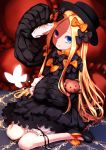  1girl abigail_williams_(fate/grand_order) bangs black_bow black_dress black_footwear black_hat blonde_hair bloomers blue_eyes bow bug butterfly commentary_request dress fate/grand_order fate_(series) forehead hair_bow hat highres insect lithiumrider long_hair long_sleeves looking_at_viewer object_hug orange_bow parted_bangs parted_lips polka_dot polka_dot_bow shoes sitting sleeves_past_fingers sleeves_past_wrists solo stuffed_animal stuffed_toy teddy_bear underwear very_long_hair wariza white_bloomers 