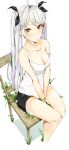  1girl azur_lane bangs between_legs black_ribbon black_shorts blush breasts casual chair cleavage closed_mouth collarbone eyebrows_visible_through_hair feet_out_of_frame flower hair_between_eyes hand_between_legs highres large_breasts long_hair looking_at_viewer multicolored_hair nue0 prinz_eugen_(azur_lane) redhead ribbon shorts silver_hair simple_background sitting smile solo streaked_hair sweat tank_top thighs two_side_up very_long_hair white_background white_flower white_tank_top 