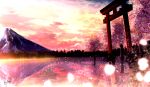  absurdres blurry bokeh clouds cloudy_sky commentary_request depth_of_field fantasy forest highres huge_filesize kumeki_(kk4615) lake light_particles mountain nature no_humans original outdoors reflection scenery signature sky torii tree water yellow_sky 