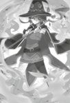  1girl asymmetrical_legwear bandage cloak detached_sleeves dress eyepatch fingerless_gloves fire gloves greyscale hair_between_eyes hat highres holding holding_staff kono_subarashii_sekai_ni_shukufuku_wo! long_sleeves looking_at_viewer megumin mishima_kurone monochrome novel_illustration official_art open_mouth short_dress sleeveless sleeveless_dress solo staff standing strapless strapless_dress tube_dress witch_hat 