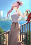  1girl alternate_costume bag bangs blue_eyes blue_sky blush breasts casual cityscape commentary_request contemporary earrings fate/grand_order fate_(series) grey_pants hair_ornament high_heels highres jewelry large_breasts long_hair looking_at_viewer mashu_003 miyamoto_musashi_(fate/grand_order) outdoors pants pink_hair ponytail railing shirt sky sleeveless smile solo swept_bangs tree white_shirt 