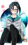  1girl alternate_costume amagiri_(kantai_collection) black_hair blush closed_mouth eyebrows_visible_through_hair floral_background glasses grey_eyes grey_hair hair_between_eyes highres jacket kantai_collection long_hair looking_at_viewer ponytail sitting solo very_long_hair vi3r6ein 