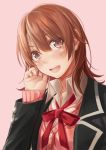  1girl :d black_jacket blazer blush brown_eyes brown_hair hair_between_eyes hand_in_hair head_tilt isshiki_iroha jacket looking_at_viewer neck_ribbon open_blazer open_clothes open_jacket open_mouth pink_background pink_cardigan red_ribbon redpoke ribbon school_uniform shirt short_hair simple_background smile solo upper_body white_shirt yahari_ore_no_seishun_lovecome_wa_machigatteiru. 