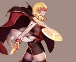  1girl bike_shorts blonde_hair boots cape drill_hair erika_wagner red_eyes shield suwaiya sword thigh-highs thigh_boots thighs under_night_in-birth weapon 