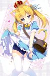  1girl :3 animal_ear_fluff animal_ears apron bag bangs blonde_hair blue_bow blue_dress blue_eyes blue_ribbon blue_swimsuit blush bow cat_ears cat_girl cat_tail closed_mouth commentary_request crown dress dress_lift eyebrows_visible_through_hair fingernails hair_between_eyes hair_ribbon head_tilt heart highres knees_together_feet_apart lifted_by_self long_hair looking_at_viewer maid_apron nagayama_yuunon one-piece_swimsuit original puffy_short_sleeves puffy_sleeves ribbon school_swimsuit short_sleeves shoulder_bag solo swimsuit swimsuit_under_clothes tail tail_bow tail_raised thigh-highs twintails white_apron white_legwear wrist_cuffs 