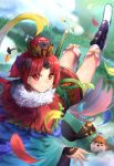  1girl absurdres animal benienma_(fate/grand_order) black_bow blue_sky bow crown falling fate/grand_order fate_(series) feathers forehead_jewel fur_trim hair_bow hair_ornament hat highres japanese_clothes katana outdoors red_eyes red_skirt redhead sandals short_hair skirt sky solo somray sword thigh-highs tree weapon white_footwear white_legwear wide_sleeves 