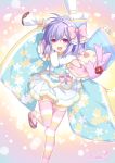  1girl :d alternate_hair_length alternate_hairstyle bare_shoulders binato_lulu blush blush_stickers bow character_doll floral_print hair_between_eyes hair_bow kami_jigen_game_neptune_v lavender_hair leg_up long_sleeves looking_at_viewer neptune_(neptune_series) neptune_(series) open_mouth pink_eyes pururut sandals signature skirt smile solo star starry_background striped striped_legwear thigh-highs wide_sleeves 