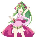  1girl arm_up bracelet chiki chikuwa_(majihima) child cute dress fire_emblem fire_emblem:_mystery_of_the_emblem green_eyes green_hair intelligent_systems jewelry long_hair mamkute nintendo open_mouth pink_dress pointy_ears ponytail short_dress simple_background solo tiara white_background young 