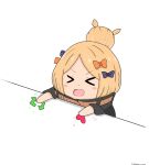  &gt;_&lt; 1girl :d abigail_williams_(fate/grand_order) atsumisu bangs black_bow black_jacket blonde_hair blue_eyes blush_stickers bow chibi closed_eyes commentary_request directional_arrow eyebrows_visible_through_hair facing_viewer fate/grand_order fate_(series) forehead hair_bow hair_bun heart heroic_spirit_traveling_outfit highres jacket long_hair long_sleeves open_mouth orange_bow parted_bangs polka_dot polka_dot_bow smile solo twitter twitter_username v-shaped_eyebrows white_background xd 