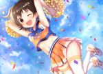  1girl ;d akagi_miria armpits arms_up bangs bare_arms bare_shoulders blue_neckwear blue_sailor_collar blue_sky blush brown_eyes brown_hair cheerleader clothes_writing clouds cloudy_sky commentary_request confetti cotrpopor crop_top crop_top_overhang dutch_angle holding_pom_poms idolmaster idolmaster_cinderella_girls legs_up lens_flare looking_at_viewer midair midriff miniskirt navel neck_ribbon one_eye_closed open_mouth orange_shirt orange_skirt outdoors pleated_skirt pom_poms ribbon sailor_collar shirt shoes short_hair skirt sky sleeveless sleeveless_shirt smile sneakers solo sparkle sunlight tareme thigh-highs two_side_up white_footwear white_legwear zettai_ryouiki 