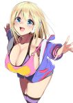  :d absurdres bangs blonde_hair blue_eyes blue_jacket bra breasts cleavage commentary_request erect_nipples eyebrows_visible_through_hair gen_(black_factory) headphones highres hood hood_down hooded_jacket huge_breasts jacket legs_together looking_at_viewer o-ring o-ring_top open_clothes open_jacket open_mouth original outstretched_arms pink_shirt purple_bra shirt simple_background smile standing strap_slip striped striped_legwear thigh-highs underwear unzipped upper_teeth white_background zipper 