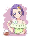  1girl blue_eyes chocokin clover_print collarbone cup dated dokidoki!_precure earrings head_tilt holding holding_cup jewelry kenzaki_makoto looking_at_viewer off-shoulder_shirt off_shoulder precure purple_hair shirt short_hair short_sleeves signature simple_background sitting smile solo steam teacup upper_body white_background 