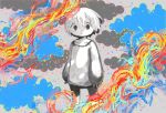  1boy 666haorare666 abstract androgynous clouds collarbone colorful commentary cropped_legs expressionless eyebrows_visible_through_hair grey_shirt hair_between_eyes long_sleeves looking_at_viewer no_nose original puffy_long_sleeves puffy_sleeves shirt short_hair solo standing white_hair 