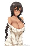  1girl azur_lane bare_shoulders black_hair blush braid breasts brown_eyes closed_mouth collarbone cowboy_shot dark_skin hair_between_eyes hair_in_mouth large_breasts lips long_hair looking_at_viewer off-shoulder_sweater ribbed_sweater simple_background solo south_dakota_(azur_lane) sweater twin_braids twitter_username twrlare white_background white_sweater 