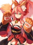  1girl absurdres animal_ear_fluff animal_ears bangs bare_shoulders bell bell_collar black_legwear blush bow breasts cat_paws cleavage closed_mouth collar detached_sleeves fate/extra fate/grand_order fate_(series) fox_ears fox_tail gloves hair_between_eyes hair_bow highres hips japanese_clothes jingle_bell kimono large_breasts long_hair looking_at_viewer obi paw_gloves paws pink_hair red_bow red_kimono sash short_kimono sidelocks simple_background smile solo star741 tail tamamo_(fate)_(all) tamamo_cat_(fate) thigh-highs white_background wide_sleeves yellow_eyes 
