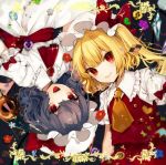  2girls :d absurdres ascot bangs bat_wings blonde_hair blue_flower blue_hair blush brooch commentary_request cowboy_shot crystal daimaou_ruaeru dress eyebrows_visible_through_hair eyes_visible_through_hair fangs flandre_scarlet flower frilled_shirt_collar frills hair_between_eyes hat hat_ribbon highres jewelry lips looking_at_viewer mob_cap multiple_girls open_mouth puffy_short_sleeves puffy_sleeves purple_flower red_eyes red_flower red_neckwear red_ribbon red_sash red_skirt red_vest remilia_scarlet ribbon sash short_sleeves siblings simple_background sisters skirt skirt_set slit_pupils smile sparkle touhou upside-down vest white_background white_dress white_hat wings yellow_flower yellow_neckwear 