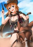  1girl blue_eyes blush breasts brown_hair charlotte_e_yeager cleavage clouds cloudy_sky cowboy_hat gun hat highres hiroshi_(hunter-of-kct) horse large_breasts looking_at_viewer midriff navel open_mouth poncho riding shiny shiny_clothes shiny_hair shiny_skin short_shorts shorts sky smile solo strike_witches teeth tongue weapon world_witches_series 