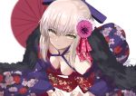  absurdres artoria_pendragon_(all) blonde_hair blush breasts cleavage fate/grand_order fate_(series) floral_print flower hair_between_eyes hair_flower hair_ornament hair_ribbon highres japanese_clothes kesoshirou kimono long_hair looking_at_viewer lying on_stomach oriental_umbrella ribbon saber_alter umbrella white_background wide_sleeves 