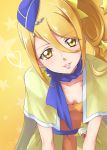  1girl blonde_hair blue_hat breasts chocokin cleavage cure_etoile earrings eyebrows_visible_through_hair hair_between_eyes hair_ornament hat head_tilt hug hugtto!_precure jewelry kagayaki_homare leaning_forward long_hair looking_at_viewer parted_lips precure shiny shiny_hair side_ponytail small_breasts smile solo star star_earrings starry_background yellow_background yellow_capelet yellow_eyes 