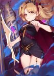  1girl blonde_hair breasts cage cape crown earrings ereshkigal_(fate/grand_order) fate/grand_order fate_(series) hair_ribbon highres holding holding_weapon jewelry langya_beike light_smile long_hair looking_at_viewer ribbon smile solo thigh-highs two_side_up weapon yellow_eyes 