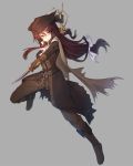  1girl bloodborne brown_hair cape dagger full_body glasses gloves hat highres holding holding_weapon long_hair low-tied_long_hair simple_background solo sword tilt-shift tricorne violet_eyes weapon 