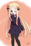  1girl ;) abigail_williams_(fate/grand_order) alternate_costume bangs black_bow black_legwear black_sailor_collar black_serafuku black_shirt black_skirt blonde_hair blue_eyes blush bow closed_mouth commentary_request eyebrows_visible_through_hair fate/grand_order fate_(series) forehead hair_bow hand_up highres kujou_karasuma long_hair long_sleeves looking_at_viewer neckerchief one_eye_closed orange_bow pantyhose parted_bangs polka_dot polka_dot_bow red_neckwear sailor_collar school_uniform serafuku shirt signature skirt sleeves_past_wrists smile solo very_long_hair 