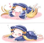  &gt;_&lt; 1girl :d abigail_williams_(fate/grand_order) afterimage bangs barefoot black_bow black_dress black_hat blonde_hair blush bow chibi closed_eyes commentary_request dress facing_viewer fate/grand_order fate_(series) forehead hair_bow hat heart legs_up long_hair long_sleeves lying on_stomach open_mouth orange_bow parted_bangs polka_dot polka_dot_bow sleeping sleeves_past_fingers sleeves_past_wrists smile soles square_mouth tenmai_miwa v-shaped_eyebrows very_long_hair xd zzz 