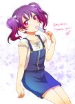 1girl collarbone floating_hair food gradient_hair hair_ribbon heru_(totoben) invisible_chair kazuno_leah looking_at_viewer love_live! love_live!_school_idol_project love_live!_sunshine!! multicolored_hair overall_skirt popsicle purple_hair red_eyes redhead ribbon shirt short_sleeves sitting solo twintails two-tone_hair white_ribbon white_shirt