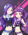  2girls ;) aono_miki bangs belt black_background blue_eyes blue_gloves blunt_bangs chocokin crop_top earrings fresh_precure! gloves hair_ornament hairband heart heart_hair_ornament heart_hands high_ponytail izayoi_liko jewelry long_hair looking_at_viewer mahou_girls_precure! midriff miniskirt multiple_girls navel necktie one_eye_closed pleated_skirt precure purple_gloves purple_hair red_eyes shiny shiny_hair short_necktie skirt sleeveless smile standing star star_earrings stomach striped striped_neckwear very_long_hair 