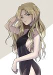  1girl amuro_tooru black_dress blonde_hair blue_eyes breasts dress from_side genderswap genderswap_(mtf) hand_in_hair long_hair looking_at_viewer medium_breasts meitantei_conan momom809 side_slit sideboob sleeveless sleeveless_dress solo standing very_long_hair 