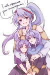  arthur_(fire_emblem) bracelet closed_eyes dialogue_box english_text fire_emblem fire_emblem:_seisen_no_keifu highres jewelry kitano_373 long_hair looking_at_viewer mother_and_daughter mother_and_son nintendo ponytail purple_hair ring scarf siblings smile tiltyu_(fire_emblem) tinny_(fire_emblem) twintails violet_eyes 