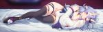  1girl bare_shoulders black_legwear blush breasts cleavage fur_trim grey_hair hair_between_eyes hato_haru horns japanese_clothes kimono large_breasts long_hair looking_at_viewer lying nijisanji on_side oni parted_lips pointy_ears rindou_mikoto sandals sleeves_past_wrists smile solo thigh-highs violet_eyes virtual_youtuber 