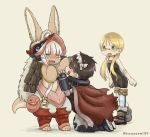  1boy 1girl 1other absurdres ambiguous_gender animal_ears artist_name blonde_hair blush brown_hair cape closed_eyes embarrassed eyebrows_visible_through_hair facing_another glasses green_eyes helmet highres kawasemi27 kneeling long_hair looking_at_another made_in_abyss nanachi_(made_in_abyss) open_mouth regu_(made_in_abyss) riko_(made_in_abyss) scar semi-rimless_eyewear short_hair smile standing tail twintails twitter_username under-rim_eyewear white_hair yellow_eyes 