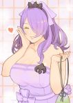  1girl alternate_hairstyle bag breasts camilla_(fire_emblem_if) cleavage closed_eyes fire_emblem fire_emblem_heroes fire_emblem_if hair_over_one_eye highres intelligent_systems jivke large_breasts lips long_hair looking_at_viewer naked_towel nintendo ponytail purple_hair simple_background towel very_long_hair wavy_hair 