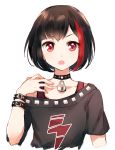  1girl bang_dream! bangs black_collar black_hair black_shirt bob_cut collar collarbone cropped_arms eyebrows hand_on_own_shoulder highres komachi_narota lightning_bolt looking_at_viewer mitake_ran multicolored_hair off-shoulder_shirt off_shoulder open_mouth padlocked_collar print_shirt red_eyes red_tank_top redhead shirt short_hair short_sleeves simple_background solo streaked_hair studded studded_bracelet studded_collar upper_body white_background 