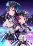  2girls absurdres alternate_hairstyle bangs choker clenched_hands commentary fingerless_gloves fishnet_legwear fishnets gloves hair_down hat highres kazuno_leah kazuno_sarah long_hair love_live! love_live!_sunshine!! love_live!_sunshine!!_the_school_idol_movie_over_the_rainbow low_twintails multiple_girls night night_sky pink_eyes punching purple_hair rama_(yu-light8) saint_snow short_shorts short_sleeves shorts siblings sidelocks sisters sky spoilers star_(sky) twintails 