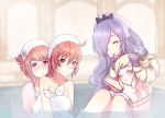  4girls arukioki blonde_hair bow camilla_(fire_emblem_if) closed_eyes closed_mouth dress elise_(fire_emblem_if) fire_emblem fire_emblem_heroes fire_emblem_if hair_bow hair_over_one_eye hinoka_(fire_emblem_if) hug long_hair multicolored_hair multiple_girls naked_towel nintendo pink_dress pink_hair purple_bow purple_hair red_eyes redhead sakura_(fire_emblem_if) short_hair siblings sisters smile towel towel_on_head twintails 