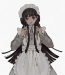  1girl apron black_hair blood blood_on_face bloody_clothes bow brown_eyes commentary fangs long_hair maid maid_apron maid_headdress maoyasumisumi original sidelocks simple_background solo vampire 